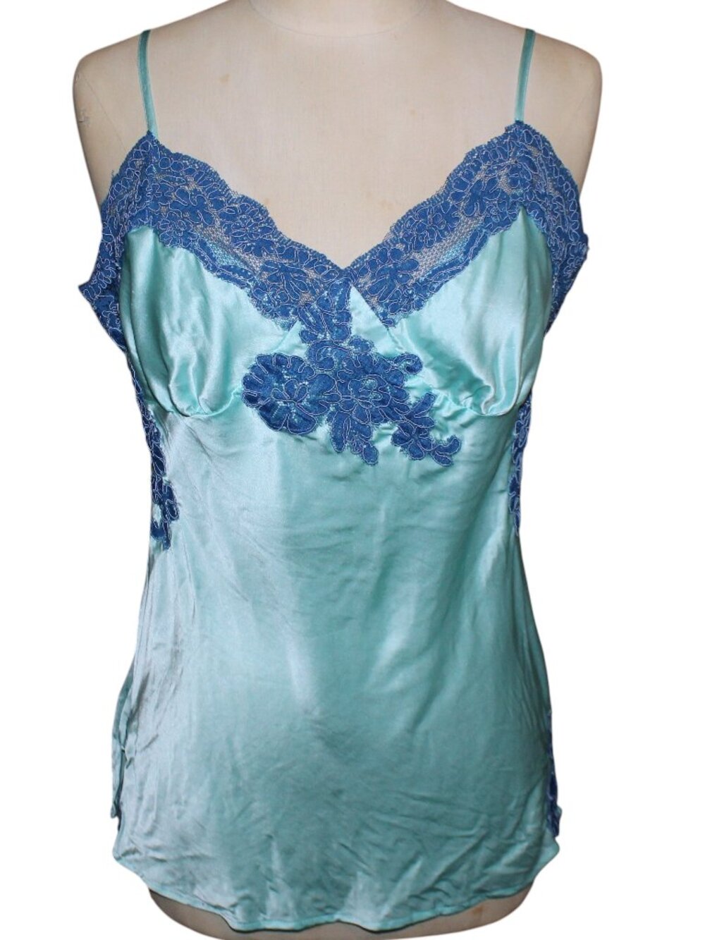 Vintage LUX Luxury Lingerie 100% Silk Lace Camisole Cami Top Light Aqua Blue Y2K